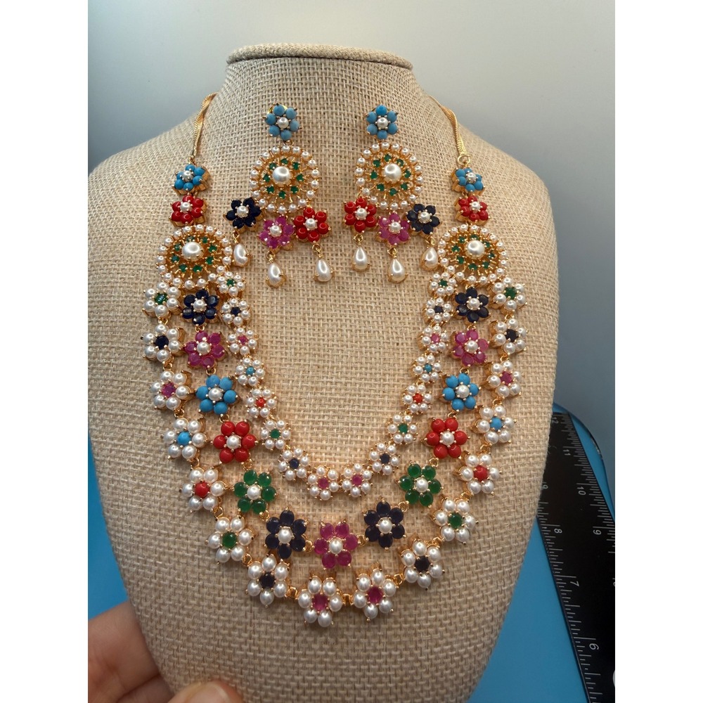 Multicolor Floral Bib Necklace and Chandelier Earring Set Gold Tone Indian Style